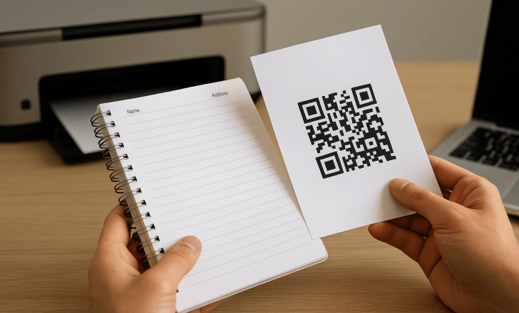 A person compares a handwritten contact book with a printed QR code sheet, symbolizing the transition from analog to digital data sharing