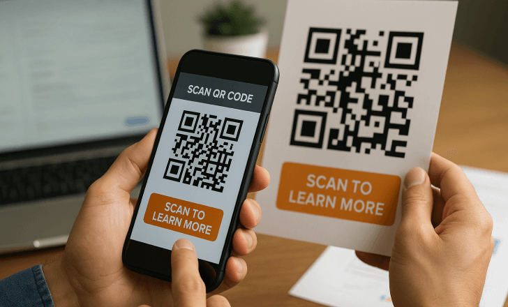 A person holding a smartphone scanning a flyer with a QR code in a clean workspace with a laptop and plant.
