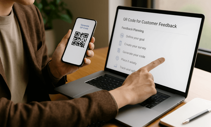 A person holding a smartphone with a QR code while pointing to a laptop screen showing steps to create feedback QR codes