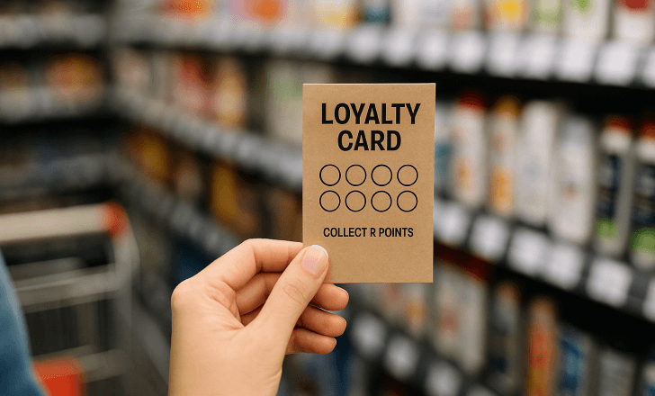 A person holding a traditional paper loyalty card in a retail store aisle with shelves full of products.