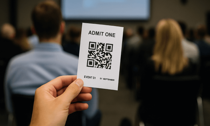 A person holds a QR code-based event ticket at a crowded indoor seminar, highlighting contactless, paper-saving solutions