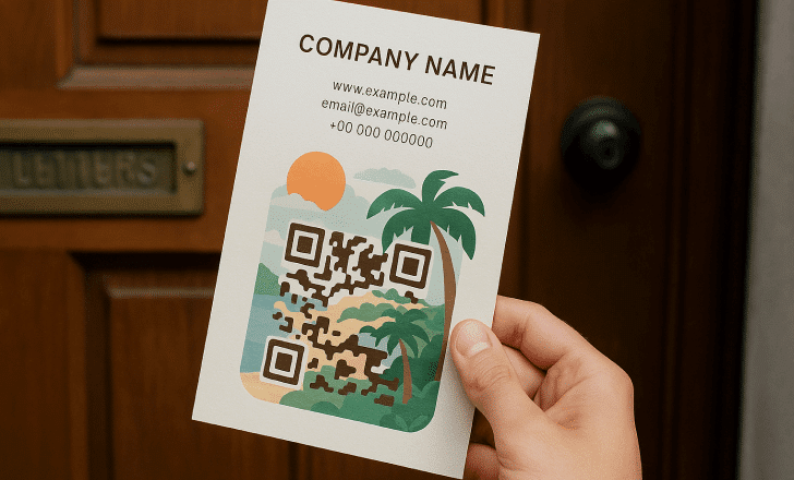 A person holds a tropical-themed business flyer with contact details and an AI QR code