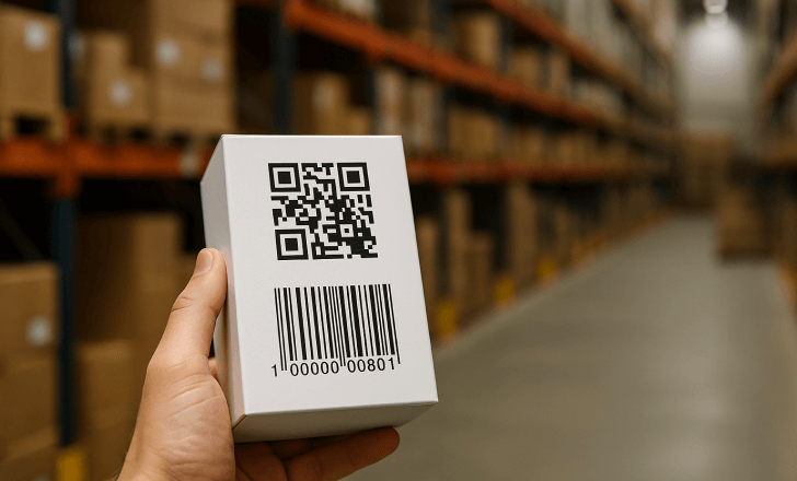 A person holds a white package with both a QR code and a traditional barcode, set against the blurred background of a large warehouse.