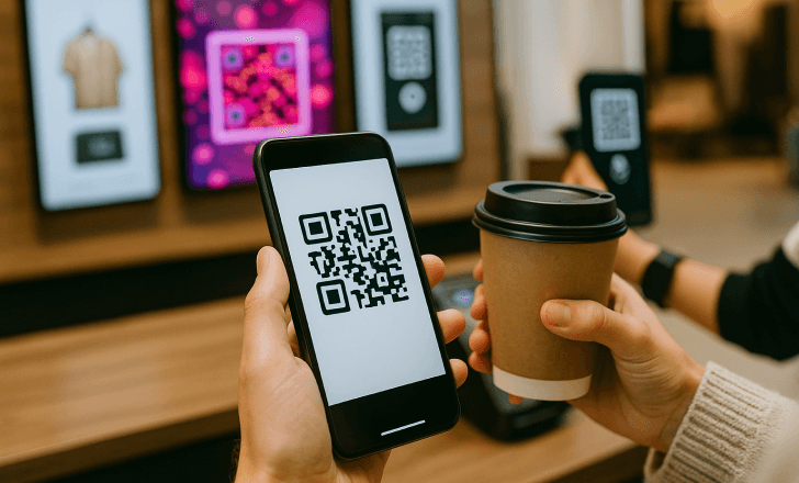 A person in an indoor public space holding a smartphone with a QR code.