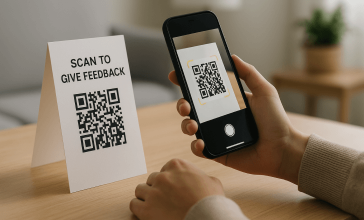 A person scanning a QR code on a feedback card using a smartphone at a wooden table.