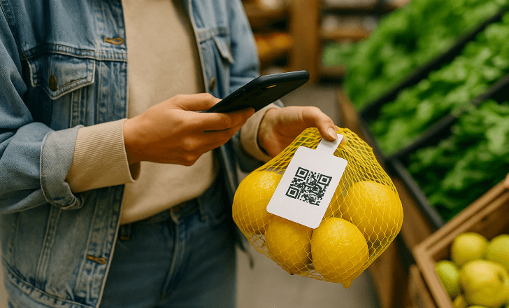 A person scanning a QR code on a mesh bag of lemons in a grocery store