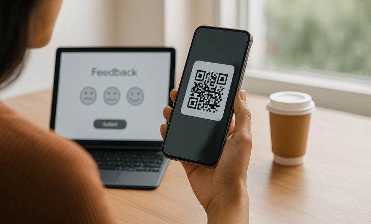 A person scanning a QR code while a feedback screen with emoji options is visible on a tablet