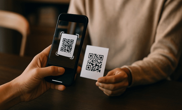 A person scanning a small QR code card with a smartphone in a warm indoor setting