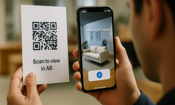 A person scans a QR code and sees a sofa in augmented reality with a CTA that says “View in your space.”