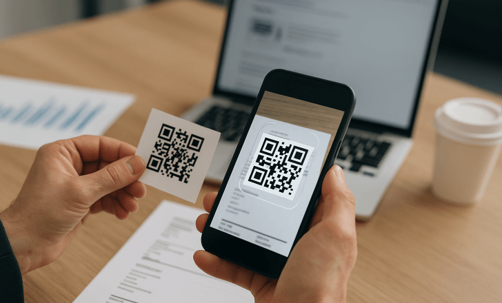 A person scans a QR code card in a modern workspace, highlighting the switch from printed materials to efficient digital workflows
