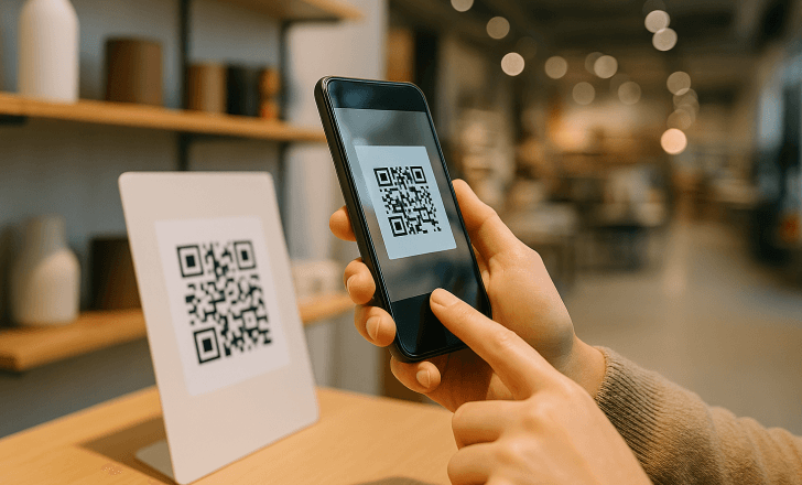 A person scans a QR code in a modern store using a smartphone, preparing to view AR content.