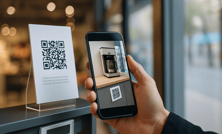 A person scans a QR code in a store and views a 3D AR demo of a coffee machine on their smartphone.