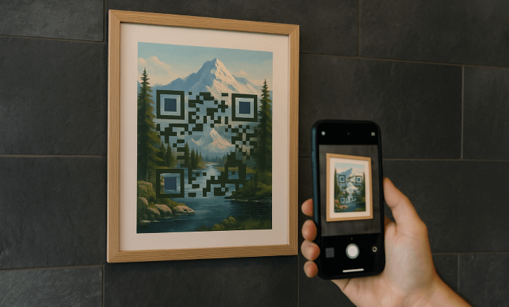 A person scans a framed mountain lake scene with an AI QR code on a stone wall