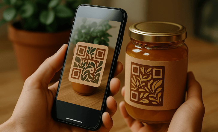 A person scans a nature-inspired AI QR code on a honey jar label using a smartphone