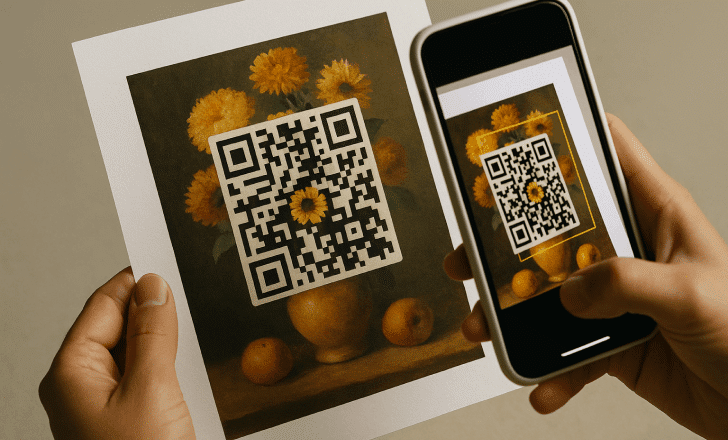A person scans a printed QR code blended into a still life painting with a smartphone