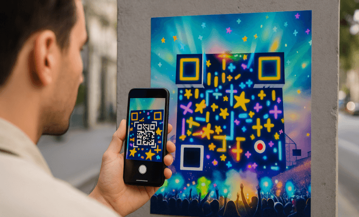 A person scans an AI-generated artistic QR code poster on a city wall