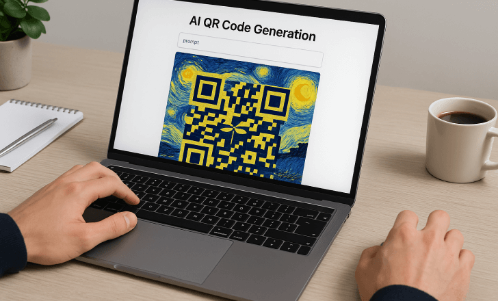 A person uses AI tools on a laptop to generate an artistic QR code with a painted design