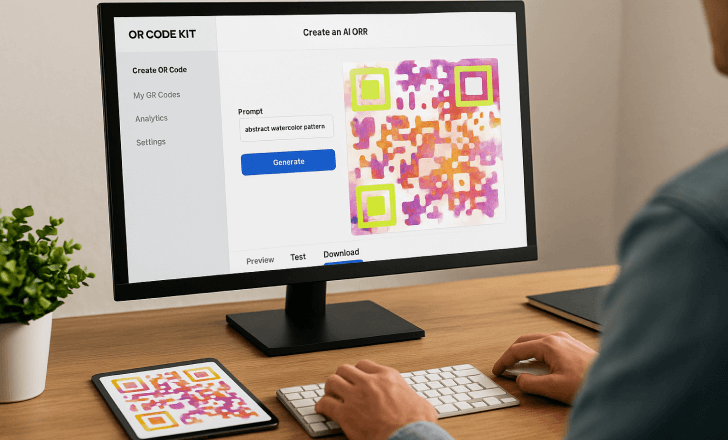 A person uses a computer to create an artistic AI QR code with a watercolor pattern