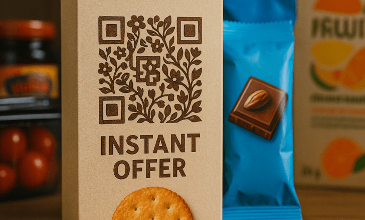 A photograph showcases a close-up of product packaging with a floral QR code etched in brown on a beige cardboard box, labeled “INSTANT OFFER,” surrounded by snacks and fresh produce in a retail setting.