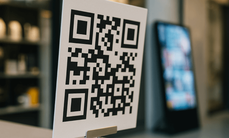 A printed QR code on a stand in a retail setting with shelves and a digital screen in the background.