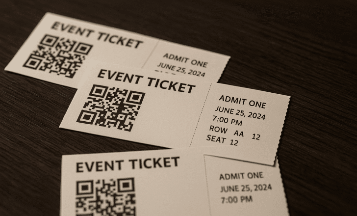 A set of printed event tickets with QR codes on a wooden table, representing digital entry and reduced paper waste
