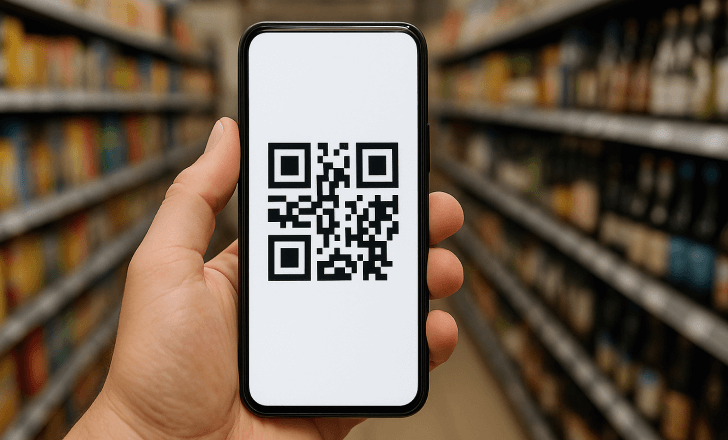 A smartphone displaying a QR code held up in a supermarket aisle.