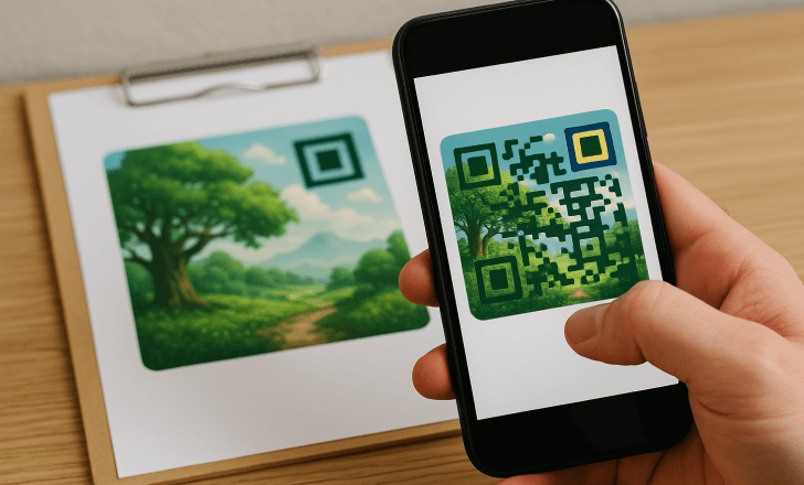 A smartphone displays a forest-themed AI QR code being matched to a printed version on a clipboard