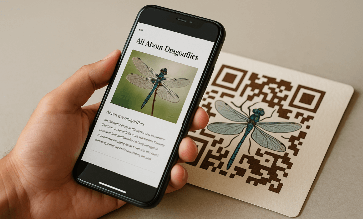 A smartphone displays a landing page about dragonflies after scanning an artistic QR code