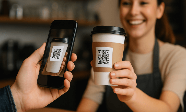 A smiling barista hands a coffee cup with a QR code to a customer scanning it with a smartphone.