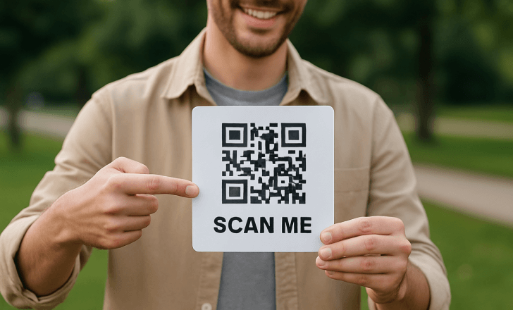 A smiling person points at a QR code sign outdoors, promoting eco-friendly digital access in public settings
