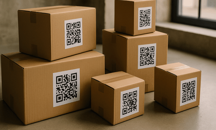 A stack of cardboard boxes with QR code labels in a warehouse setting, illustrating logistics efficiency and paperless inventory tracking