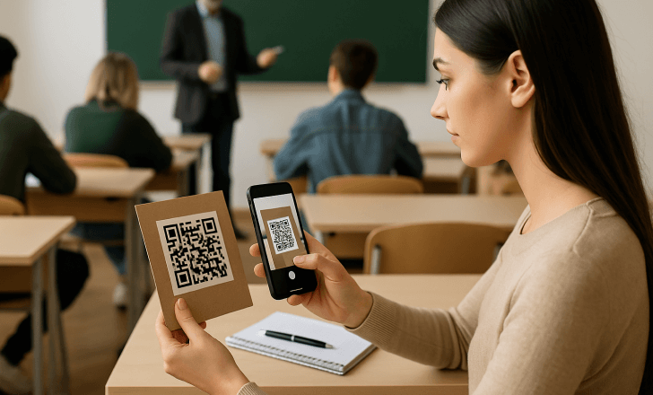 A student scans a QR code on a cardboard sign during class, illustrating how QR codes reduce paper handouts in education