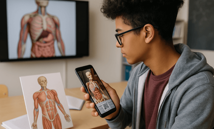 A student uses a smartphone to explore a 3D AR model of the human anatomy in a classroom.
