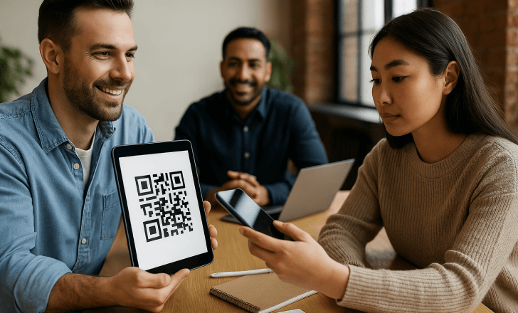 A team in a meeting room where a man holds a tablet showing a QR code, and a woman scans it