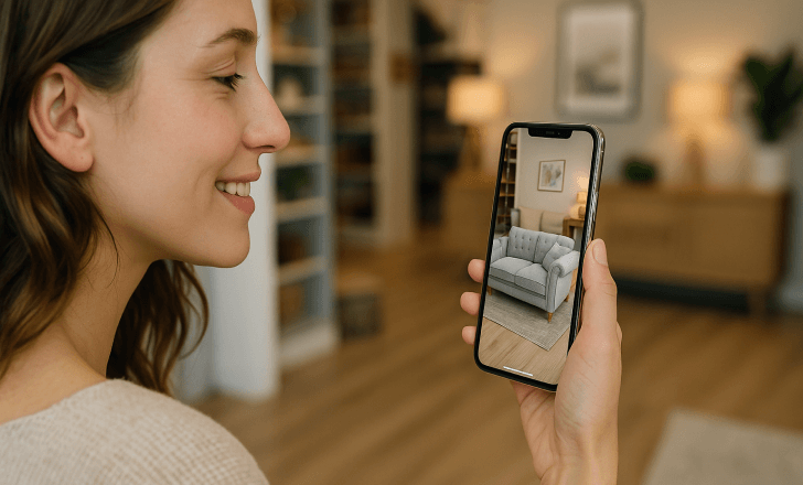 A woman scans a QR code in a furniture store and sees a 3D sofa appear on her phone in augmented reality.