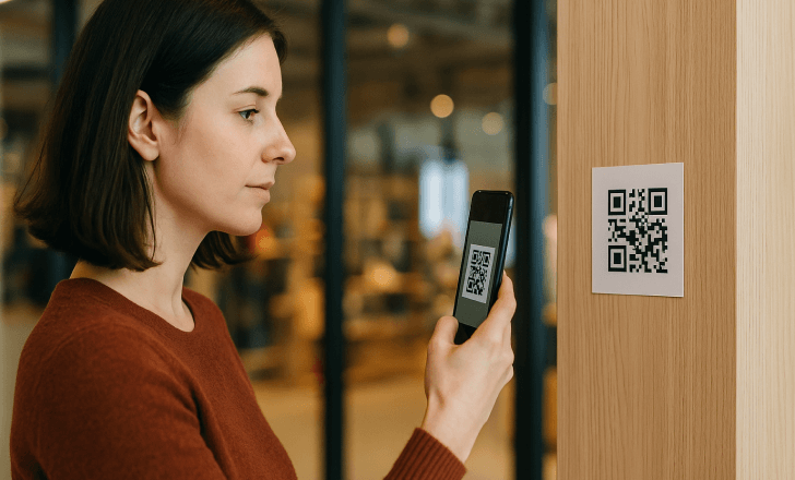 A woman scans a QR code posted on a wooden panel inside a retail store