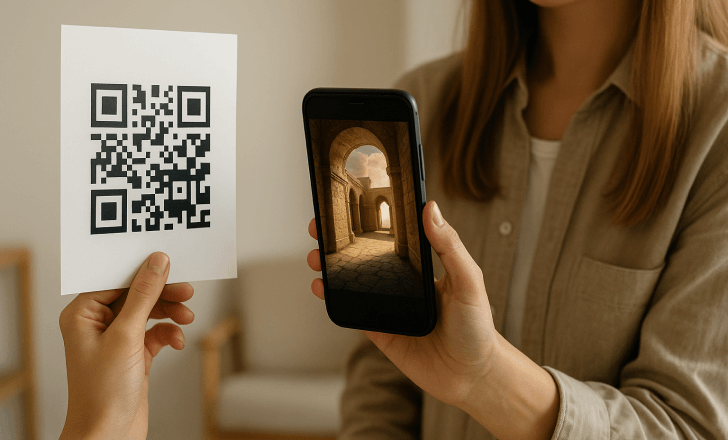 A woman scans a QR code with her smartphone and sees an AR scene of an ancient stone structure.