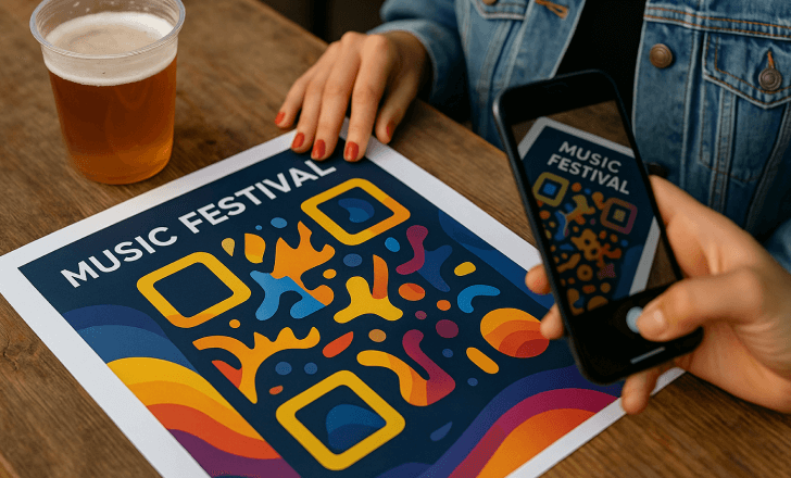A woman scans a vibrant QR code on a music festival poster with her smartphone