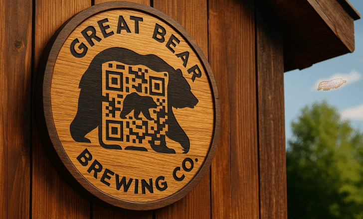 A wooden brewery sign with a bear logo featuring an embedded artistic QR code