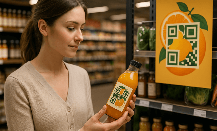 A young woman examining a juice bottle with an artistic QR code label in a grocery store