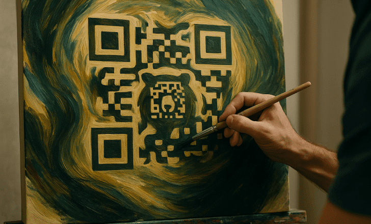 An artist painting an artistic QR code onto a canvas with swirling brushstrokes