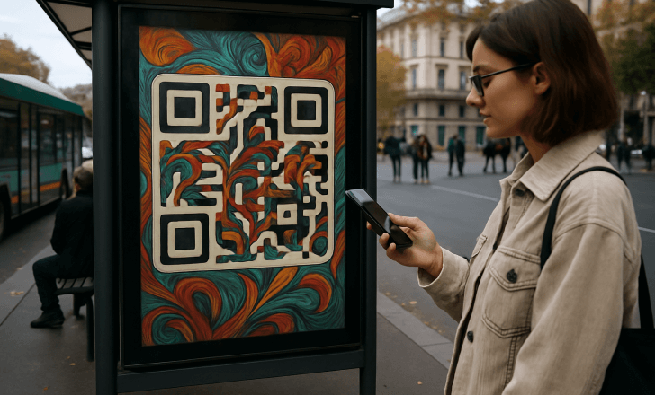 Artistic QR code displayed at an urban bus stop with a person scanning it