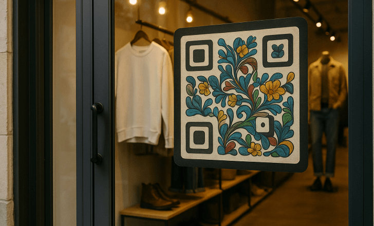 Artistic QR code integrated on a retail store window with floral design