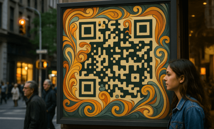 Artistic QR code on a city billboard during late afternoon with pedestrians