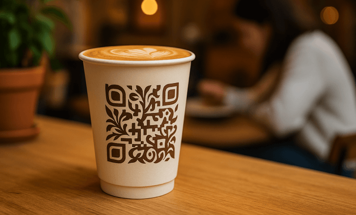 Artistic QR code printed on paper coffee cup with latte art