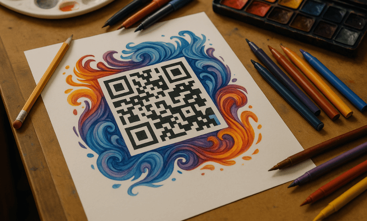 Artistic QR code surrounded by colorful abstract patterns on paper, with art supplies on a wooden table.