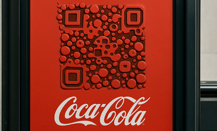 Artistic QR code with bubble design on Coca-Cola poster in red