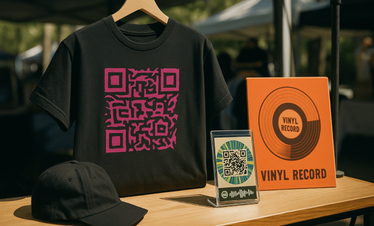 Band merchandise display with a black T-shirt featuring an artistic QR code, vinyl record, and a Spotify card on a wooden table at an outdoor market.