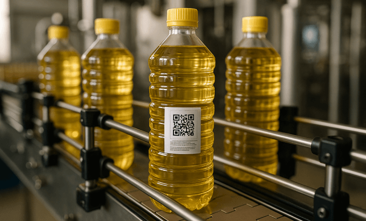 Bottles of sunflower oil with QR code labels on a conveyor belt in a food production facility