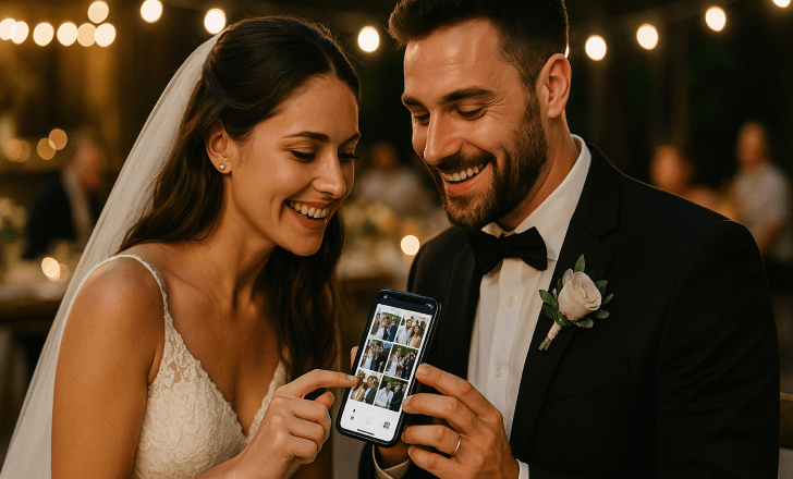 Bride and groom joyfully browsing their wedding photo album on a smartphone during the reception